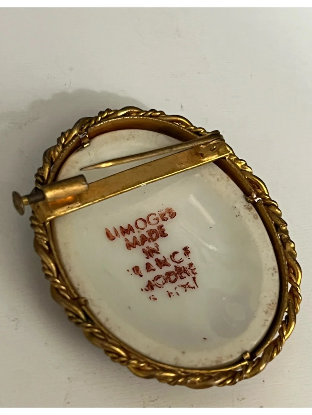 Limoges France Brooch Mahatma Gandhi Porcelain Hand-Painted, Gold Gilt Frame